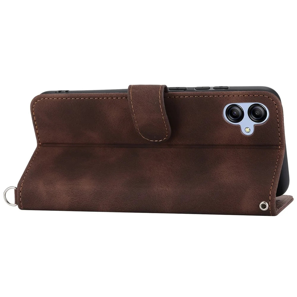 For Samsung Galaxy A04e 4G / F04 4G / M04 4G Wallet Phone Cover Skin-touch Feeling Imprinted Flowers Stand Leather Case with Wrist Strap and Shoulder Strap - Brown - 2