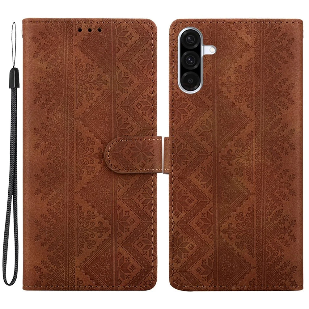For Samsung Galaxy A26 5G  /  A17 5G  /  A17 4G  /  A18 5G  /  A18 4G Wallet Case Imprinted Ethnic Pattern Leather Phone Cover with Wrist Strap - Brown - 1