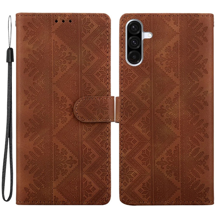 For Samsung Galaxy A36 5G  /  A37 5G Wallet Case Imprinted Ethnic Pattern Leather Phone Cover with Wrist Strap - Brown - 1