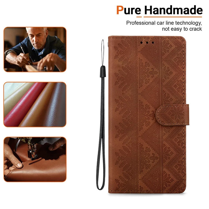 For Samsung Galaxy A36 5G  /  A37 5G Wallet Case Imprinted Ethnic Pattern Leather Phone Cover with Wrist Strap - Brown - 4