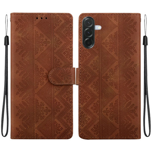 For Samsung Galaxy A57 5G Wallet Case Imprinted Ethnic Pattern Leather Phone Cover with Wrist Strap - Brown - 1