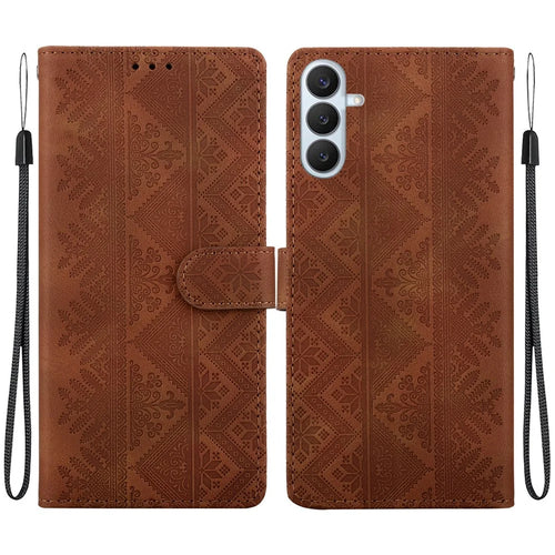 For Samsung Galaxy S26 Wallet Case Imprinted Ethnic Pattern Leather Phone Cover with Wrist Strap - Brown - 1