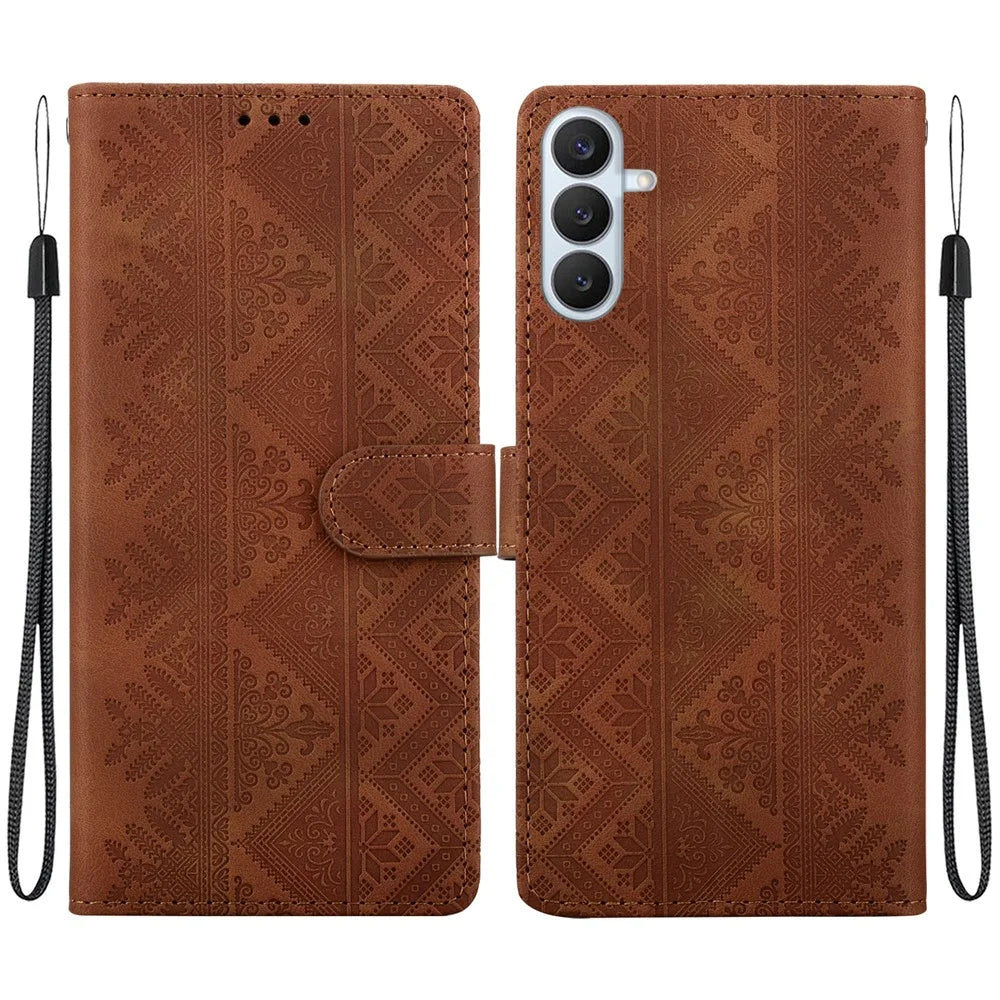 For Samsung Galaxy S26 Wallet Case Imprinted Ethnic Pattern Leather Phone Cover with Wrist Strap - Brown - 1