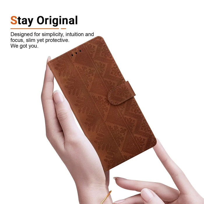 For Samsung Galaxy S26 Wallet Case Imprinted Ethnic Pattern Leather Phone Cover with Wrist Strap - Brown - 5