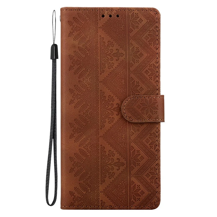 For Samsung Galaxy S26 Wallet Case Imprinted Ethnic Pattern Leather Phone Cover with Wrist Strap - Brown - 7