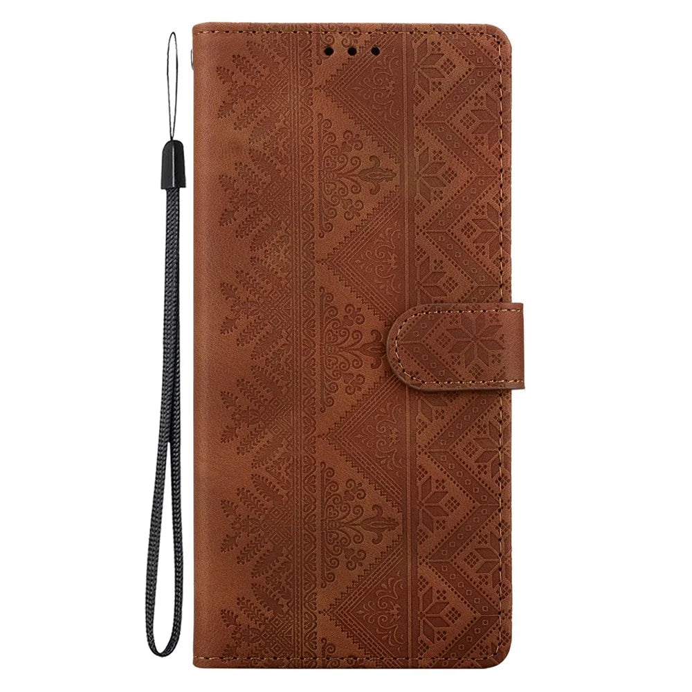 For Samsung Galaxy S26+ Wallet Case Imprinted Ethnic Pattern Leather Phone Cover with Wrist Strap - Brown - 7