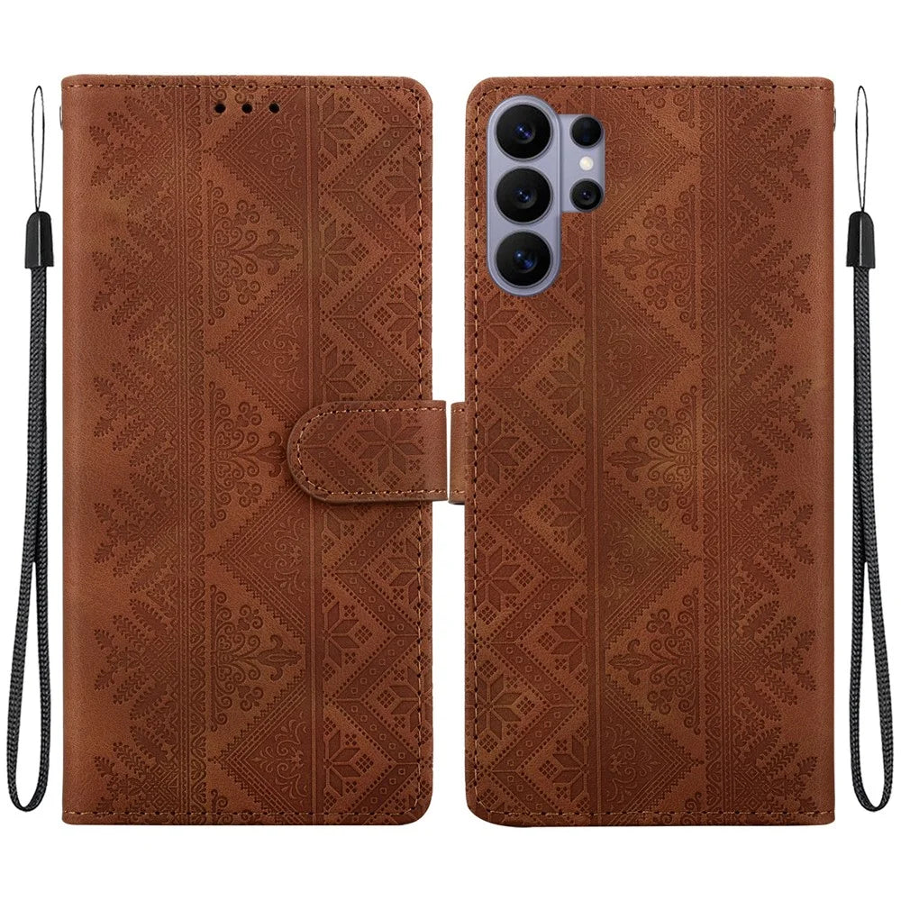 For Samsung Galaxy S26 Ultra Wallet Case Imprinted Ethnic Pattern Leather Phone Cover with Wrist Strap - Brown - 1