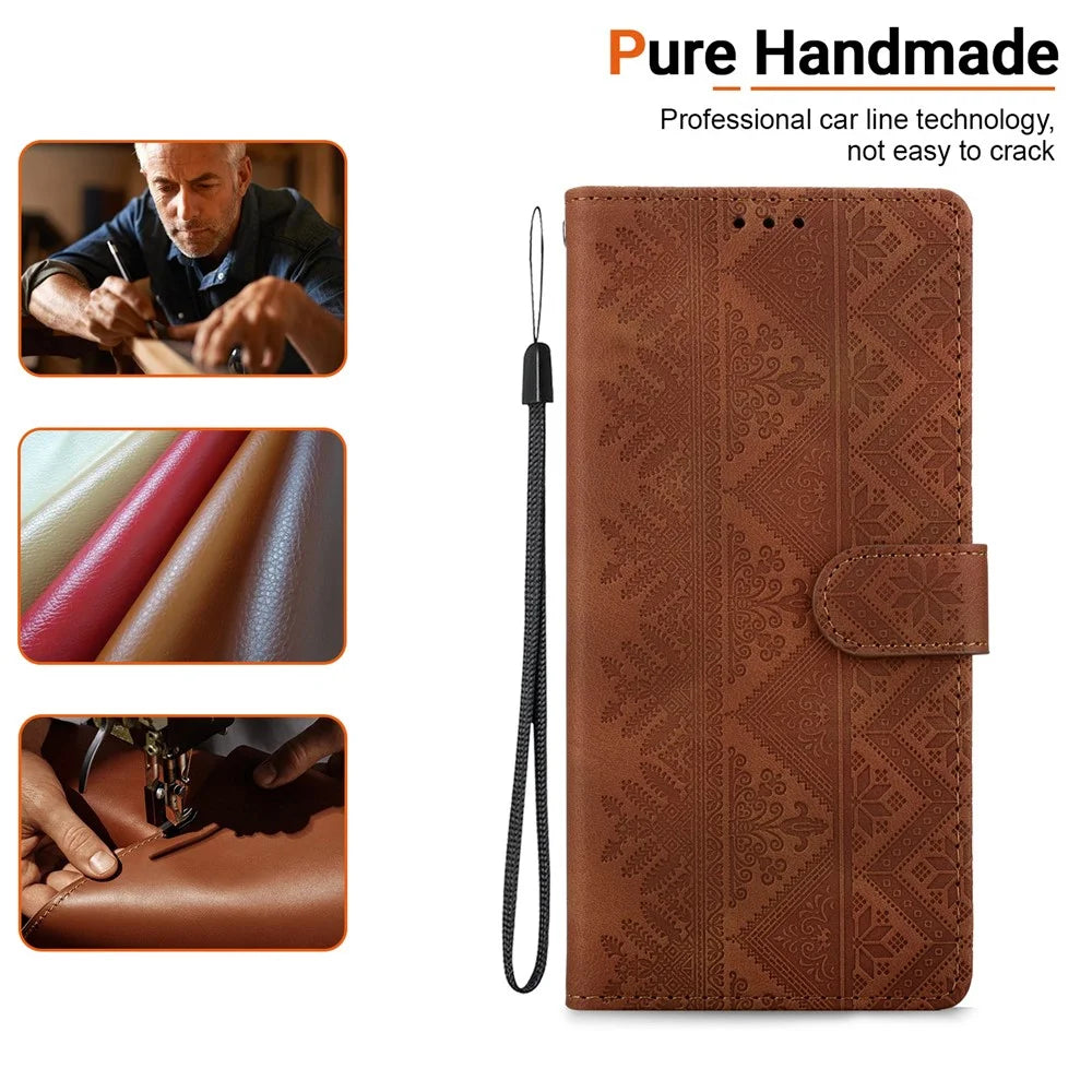 For Samsung Galaxy S26 Ultra Wallet Case Imprinted Ethnic Pattern Leather Phone Cover with Wrist Strap - Brown - 4