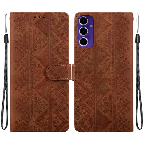 For Samsung Galaxy A27 5G Wallet Case Imprinted Ethnic Pattern Leather Phone Cover with Wrist Strap - Brown - 1