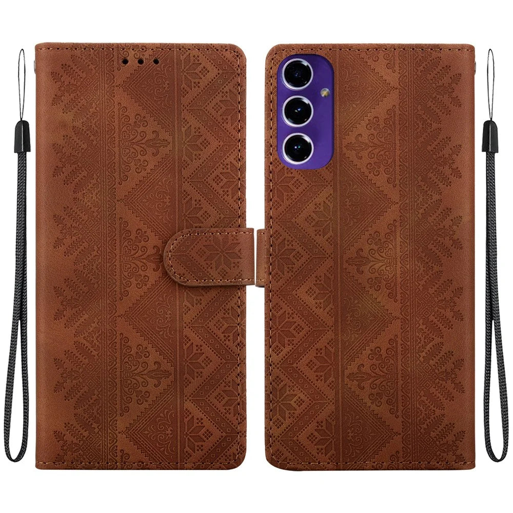 For Samsung Galaxy A27 5G Wallet Case Imprinted Ethnic Pattern Leather Phone Cover with Wrist Strap - Brown - 1