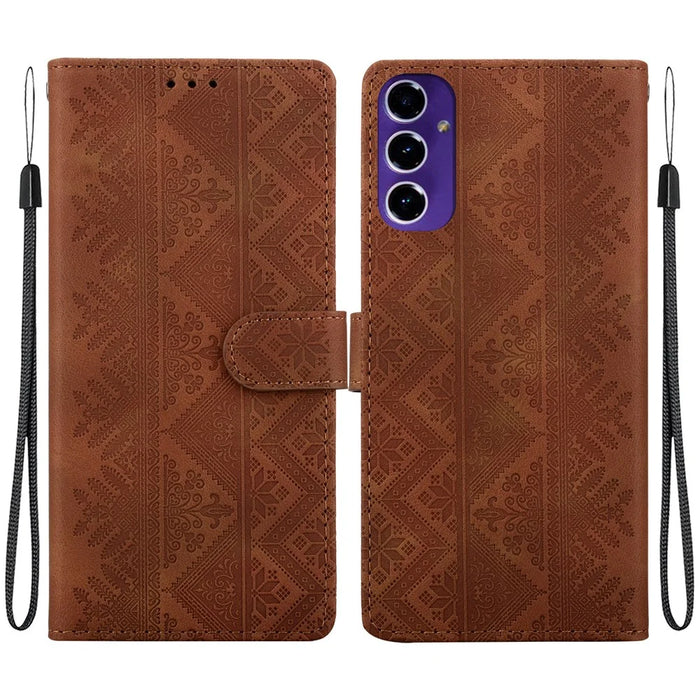 For Samsung Galaxy A27 5G Wallet Case Imprinted Ethnic Pattern Leather Phone Cover with Wrist Strap - Brown - 1