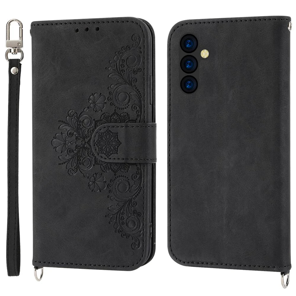 For Samsung Galaxy A54 5G Phone Carrying Wristlet Pouch Wallet Phone Cover Skin-touch Feeling Imprinted Flowers Stand Leather Case with Strap - Black - 1