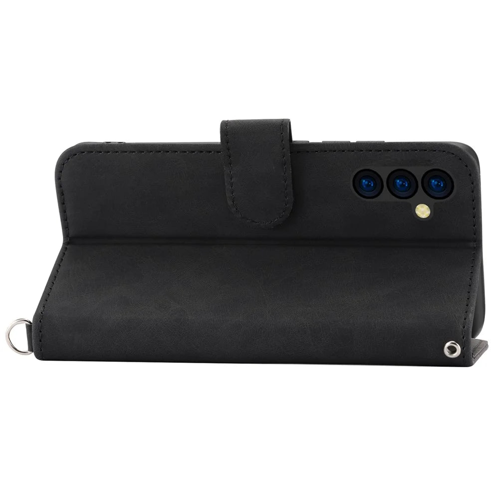 For Samsung Galaxy A54 5G Phone Carrying Wristlet Pouch Wallet Phone Cover Skin-touch Feeling Imprinted Flowers Stand Leather Case with Strap - Black - 2