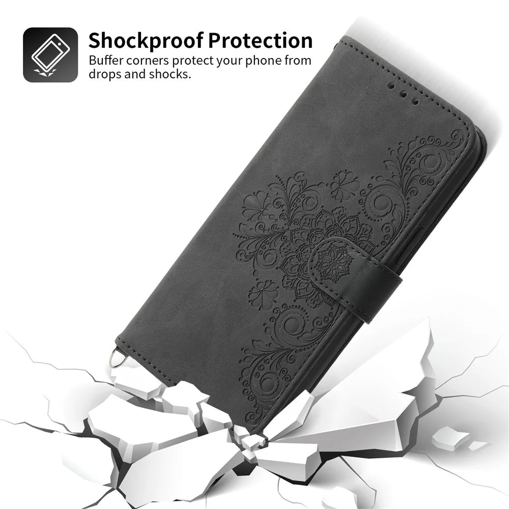 For Samsung Galaxy A54 5G Phone Carrying Wristlet Pouch Wallet Phone Cover Skin-touch Feeling Imprinted Flowers Stand Leather Case with Strap - Black - 6