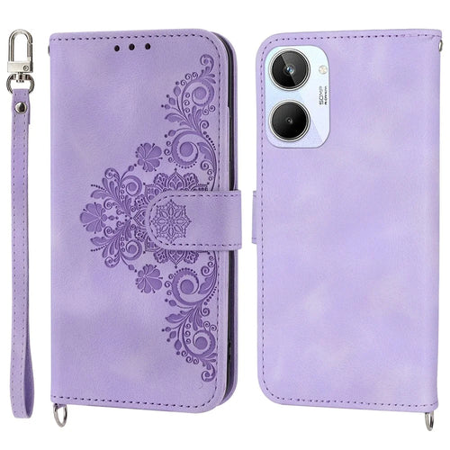 For Realme 10 4G Imprinted Flowers Stand Leather Case Wallet Phone Cover Skin-touch Feeling Shell with Wrist Strap and Shoulder Strap - Light Purple - 1