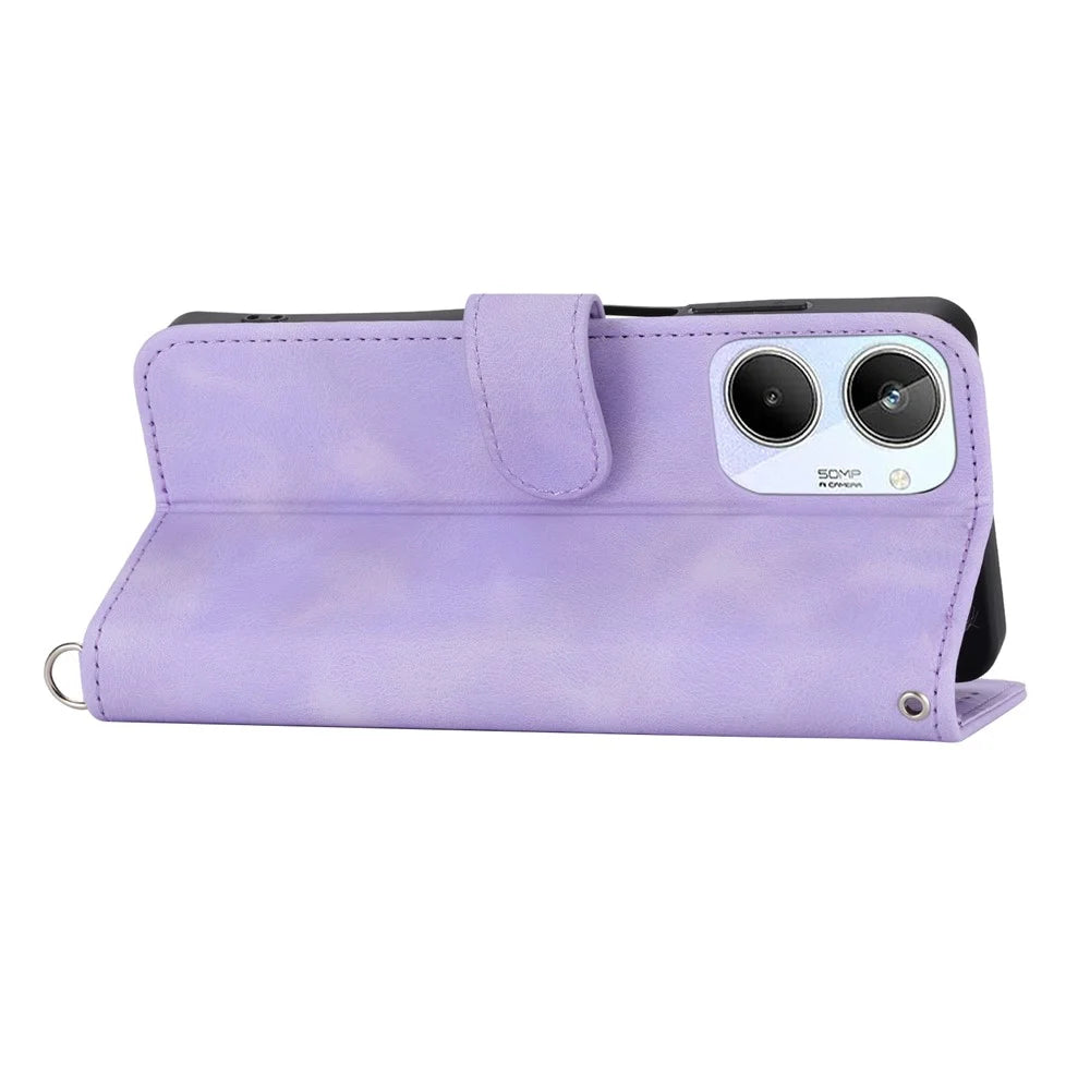 For Realme 10 4G Imprinted Flowers Stand Leather Case Wallet Phone Cover Skin-touch Feeling Shell with Wrist Strap and Shoulder Strap - Light Purple - 2