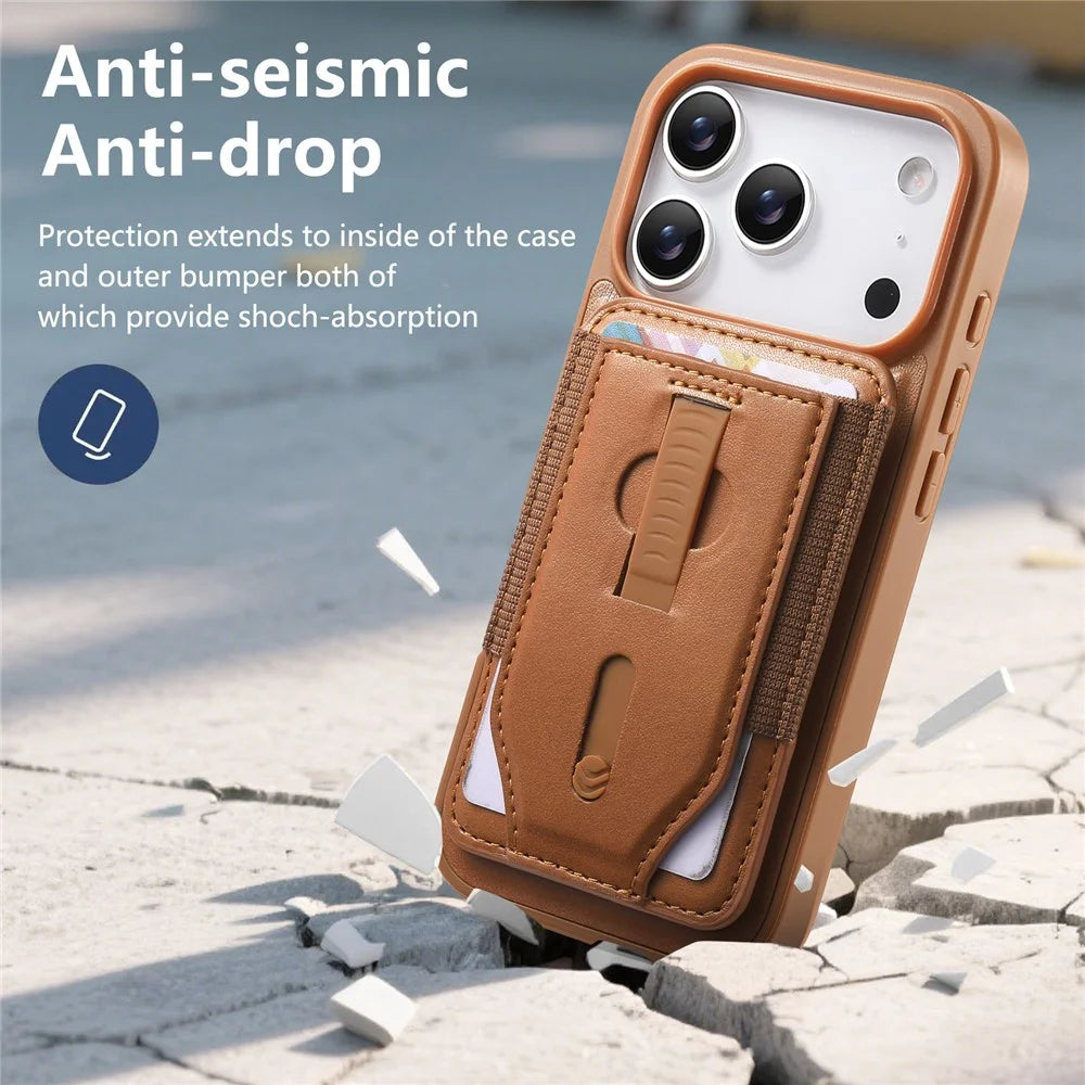 CASENEO for iPhone 18 Pro / 17 Pro Magnetic Case with Detachable Card Holder PC TPU PU Leather Silicone Wristband Phone Cover - Brown - 6