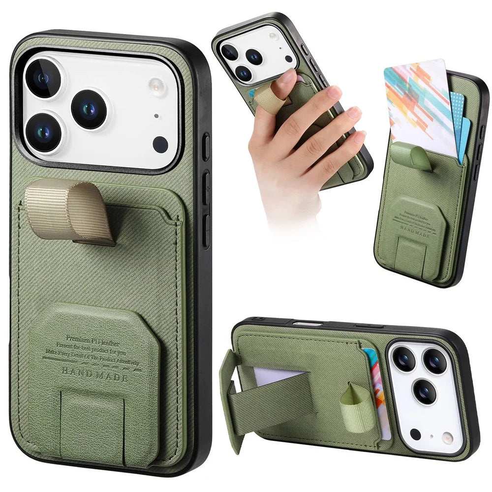 For iPhone 18 Pro Max / 17 Pro Max Case Cloth Texture TPU PU Leather PC Phone Back Cover with Card Holder Kickstand - Green - 1