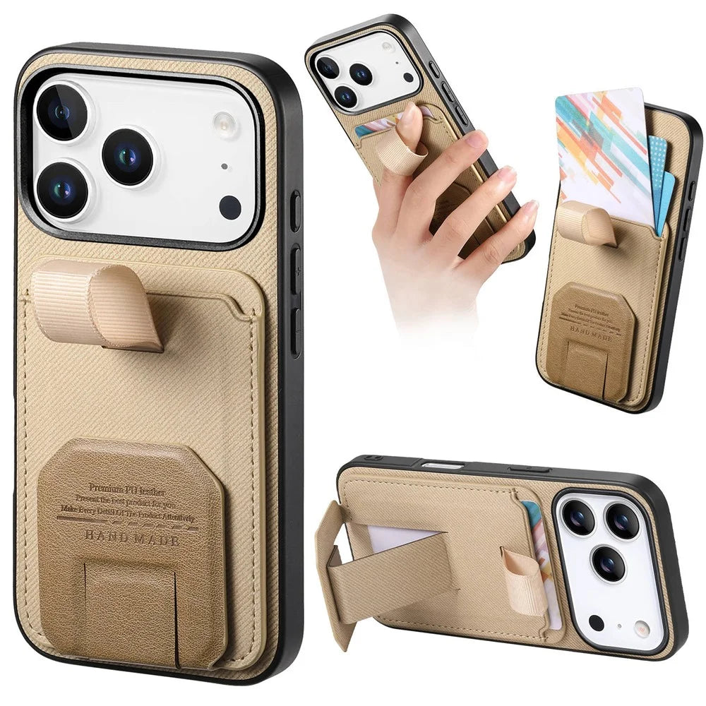 For iPhone 18 Pro / 17 Pro Case Cloth Texture TPU PU Leather PC Phone Back Cover with Card Holder Kickstand - Khaki - 1