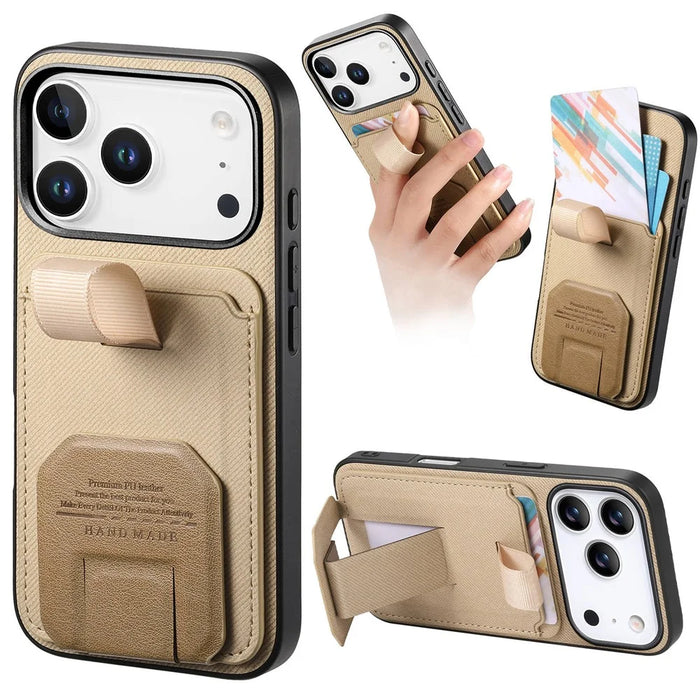 For iPhone 18 Pro / 17 Pro Case Cloth Texture TPU PU Leather PC Phone Back Cover with Card Holder Kickstand - Khaki - 1