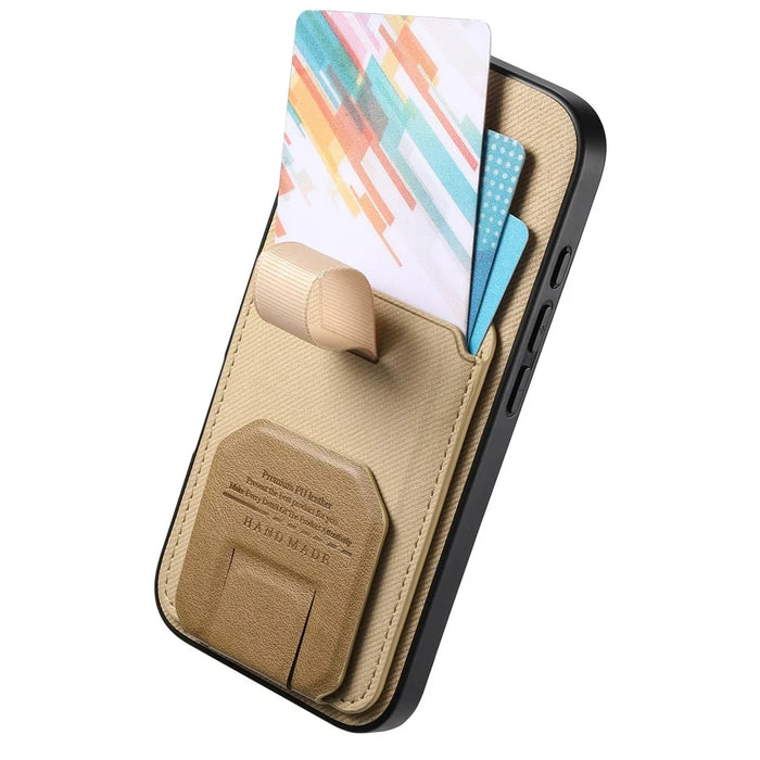 For iPhone 18 Pro / 17 Pro Case Cloth Texture TPU PU Leather PC Phone Back Cover with Card Holder Kickstand - Khaki - 3