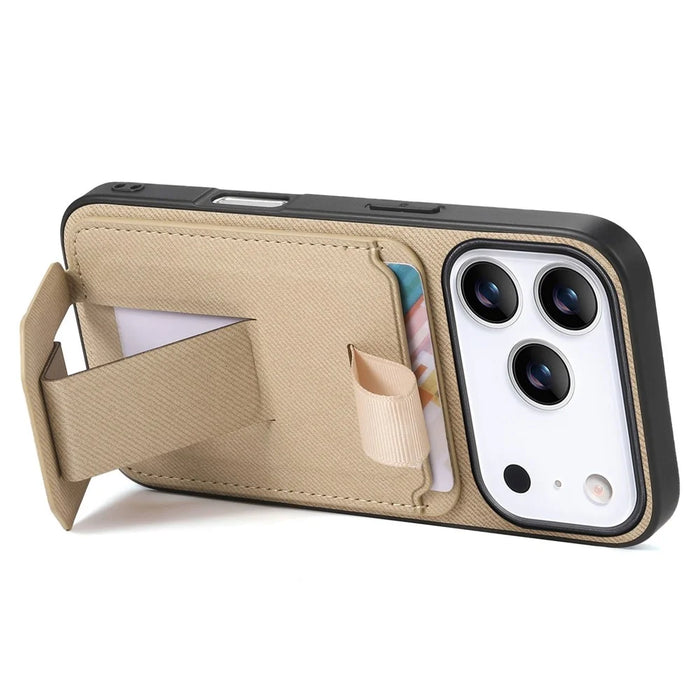 For iPhone 18 Pro / 17 Pro Case Cloth Texture TPU PU Leather PC Phone Back Cover with Card Holder Kickstand - Khaki - 4