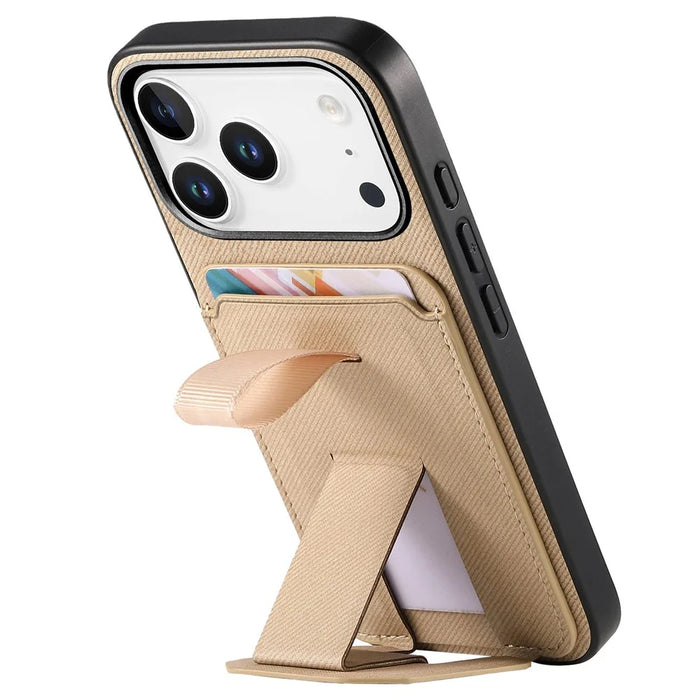 For iPhone 18 Pro / 17 Pro Case Cloth Texture TPU PU Leather PC Phone Back Cover with Card Holder Kickstand - Khaki - 5