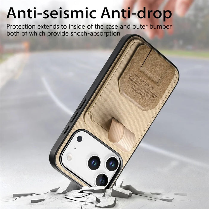 For iPhone 18 Pro / 17 Pro Case Cloth Texture TPU PU Leather PC Phone Back Cover with Card Holder Kickstand - Khaki - 6