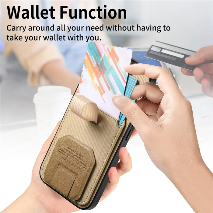 For iPhone 18 Pro / 17 Pro Case Cloth Texture TPU PU Leather PC Phone Back Cover with Card Holder Kickstand - Khaki - 7