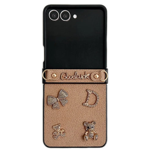For Samsung Galaxy Z Flip7 5G Case Moon Crater Texture Leather + PC Protective Cover with Rhinestone Metal Charms - Khaki - 1