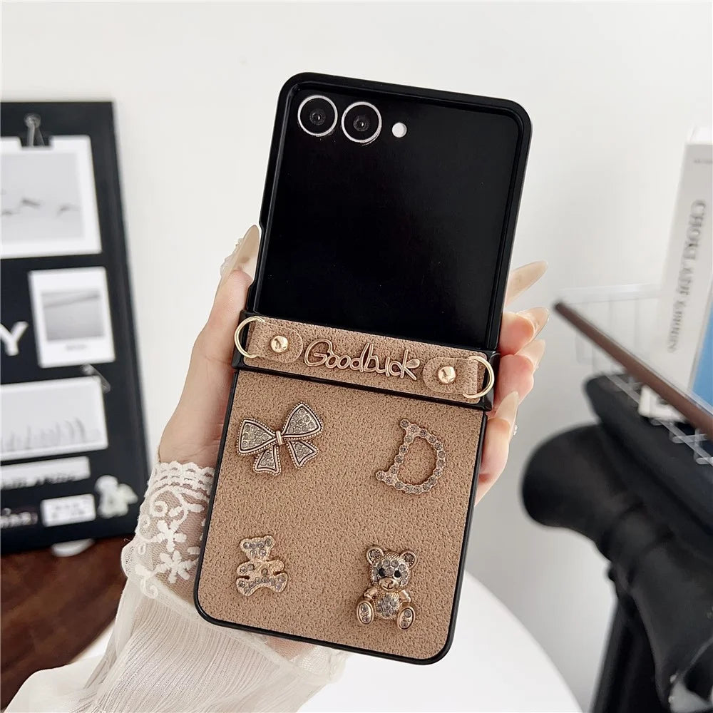 For Samsung Galaxy Z Flip7 5G Case Moon Crater Texture Leather + PC Protective Cover with Rhinestone Metal Charms - Khaki - 2