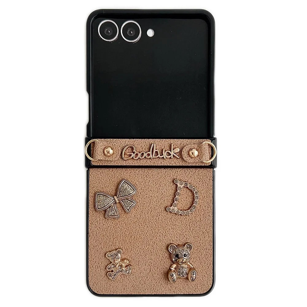 For Samsung Galaxy Z Flip8 Case Moon Crater Texture Leather + PC Protective Cover with Rhinestone Metal Charms - Khaki - 1