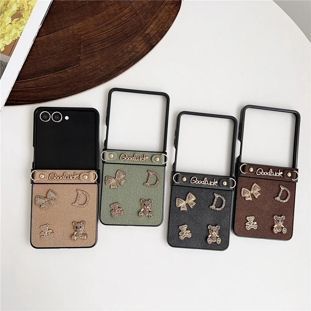 For Samsung Galaxy Z Flip8 Case Moon Crater Texture Leather + PC Protective Cover with Rhinestone Metal Charms - Khaki - 3