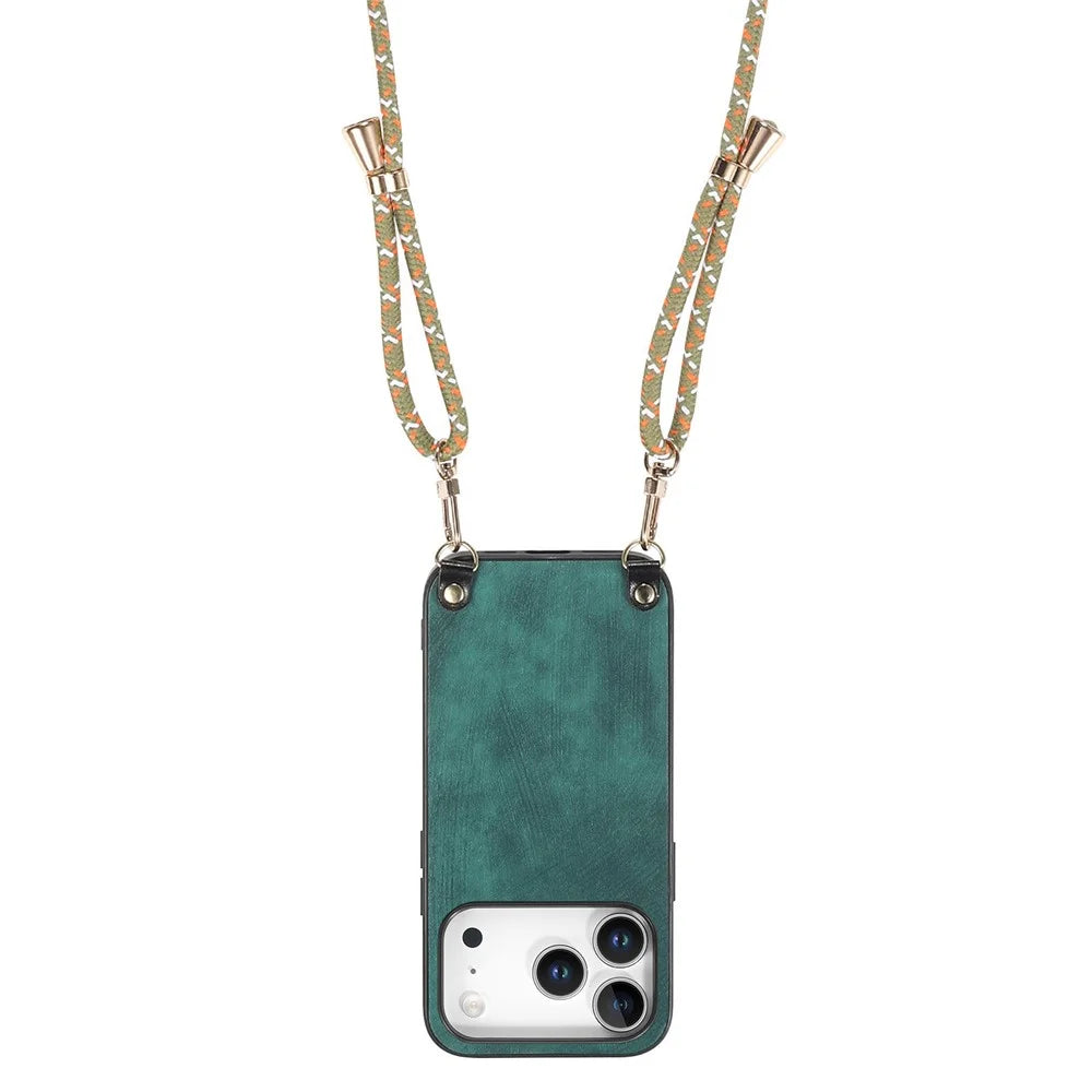 For iPhone 18 Pro Max / 17 Pro Max Retro Leather Phone Back Cover with Adjustable Strap - Green - 3