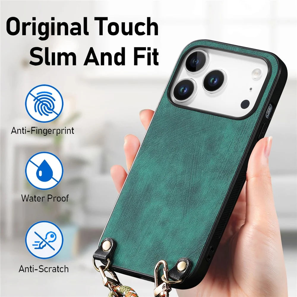 For iPhone 18 Pro Max / 17 Pro Max Retro Leather Phone Back Cover with Adjustable Strap - Green - 5