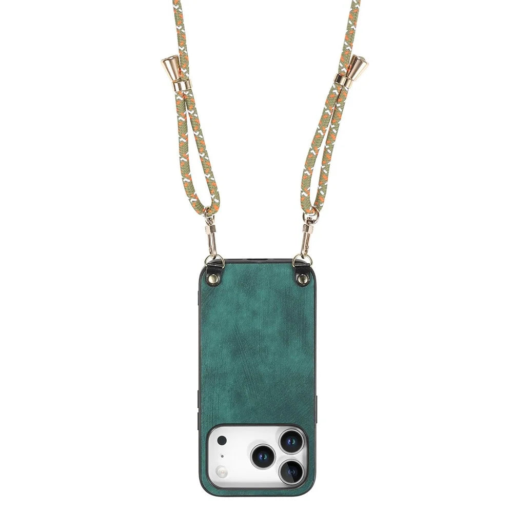 For iPhone 18 Pro / 17 Pro Retro Leather Phone Back Cover with Adjustable Strap - Green - 3