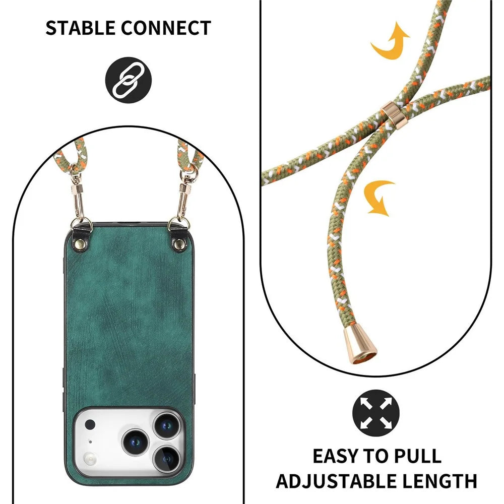 For iPhone 18 Pro / 17 Pro Retro Leather Phone Back Cover with Adjustable Strap - Green - 6