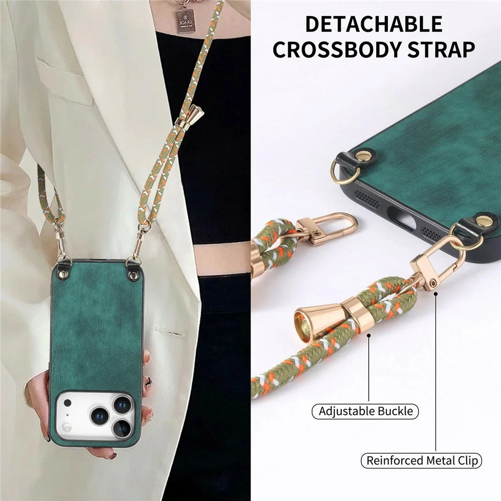 For iPhone 18 Pro / 17 Pro Retro Leather Phone Back Cover with Adjustable Strap - Green - 7