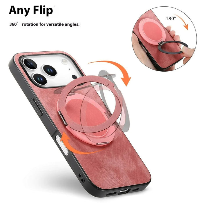 For iPhone 18 Pro Max / 17 Pro Max Stress Relief Retro Leather Back Cover Phone Case with Rotating Kickstand - Pink - 7