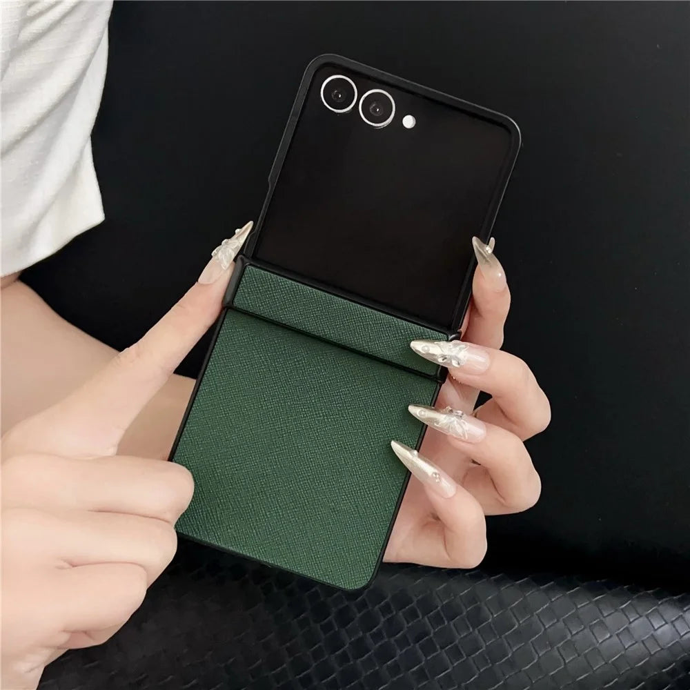 For Samsung Galaxy Z Flip7 5G Case Cross Texture Hinge Protection Leather + PC Foldable Phone Cover - Green - 3