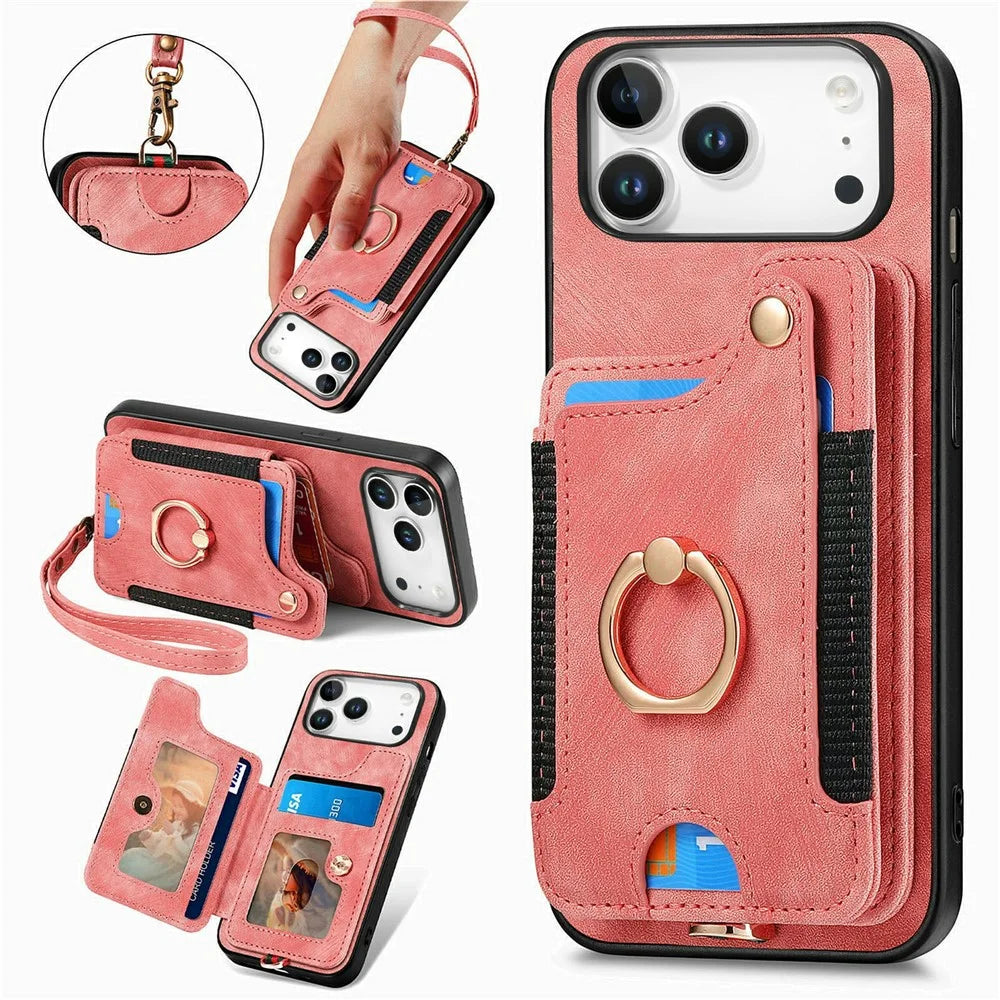For iPhone 18 Pro / 17 Pro Retro PU Leather Case Phone Cover with RFID Blocking Card Holder / Ring Holder - Pink - 1