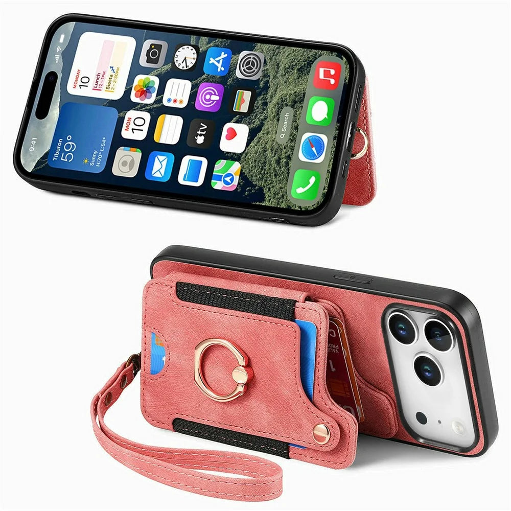 For iPhone 18 Pro / 17 Pro Retro PU Leather Case Phone Cover with RFID Blocking Card Holder / Ring Holder - Pink - 2