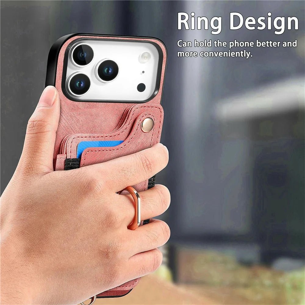 For iPhone 18 Pro / 17 Pro Retro PU Leather Case Phone Cover with RFID Blocking Card Holder / Ring Holder - Pink - 5