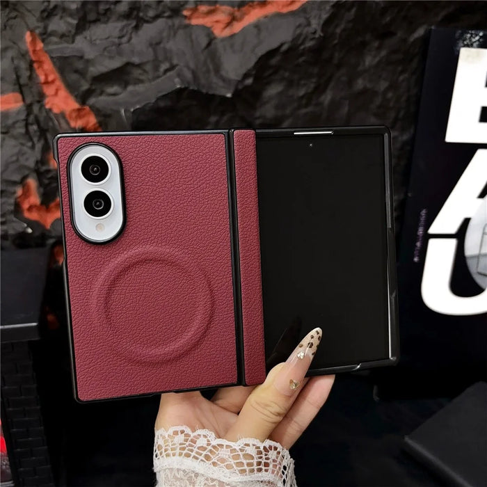 For Samsung Galaxy Z Fold8 Magnetic Case Lychee Grain Leather + PC Hinge Protection Phone Cover - Wine Red - 2