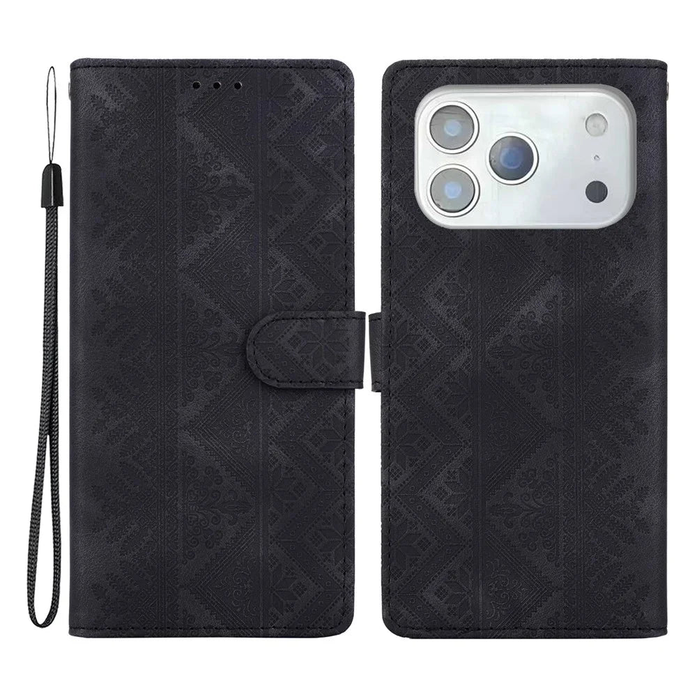 For iPhone 18 Pro  /  17 Pro Wallet Case Imprinted Ethnic Pattern Leather Phone Cover with Wrist Strap - Black - 1