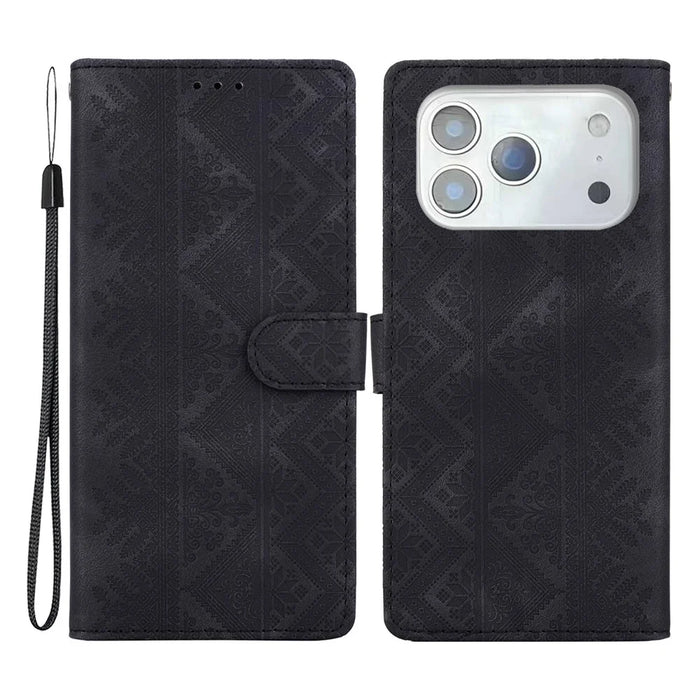 For iPhone 18 Pro  /  17 Pro Wallet Case Imprinted Ethnic Pattern Leather Phone Cover with Wrist Strap - Black - 1