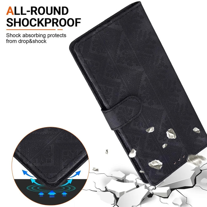 For iPhone 18 Pro  /  17 Pro Wallet Case Imprinted Ethnic Pattern Leather Phone Cover with Wrist Strap - Black - 5