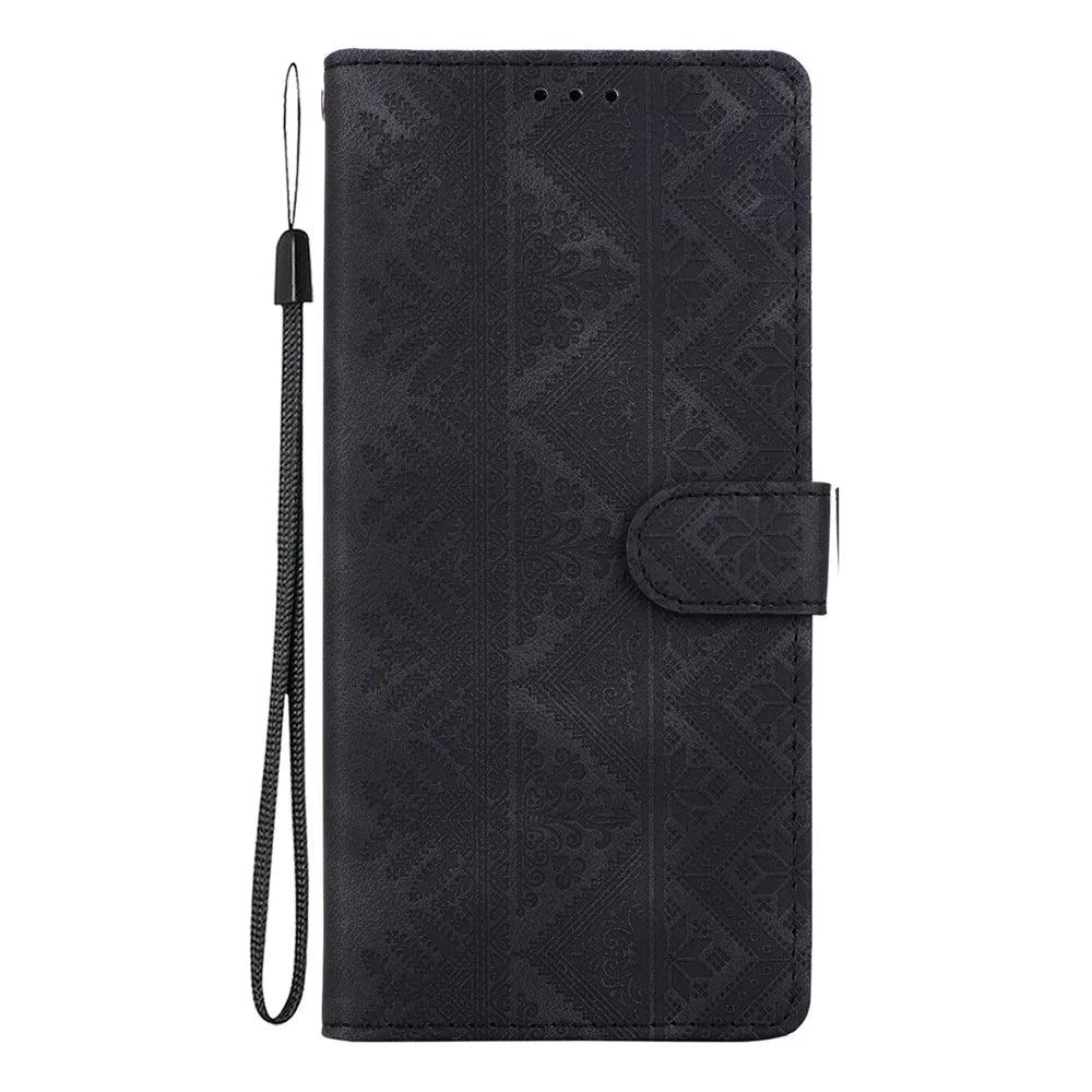 For iPhone 18 Pro Max  /  17 Pro Max Wallet Case Imprinted Ethnic Pattern Leather Phone Cover with Wrist Strap - Black - 7