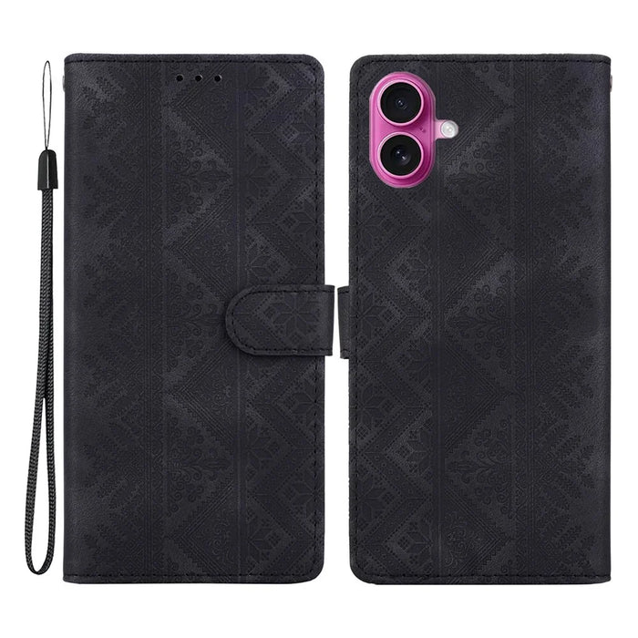 For iPhone 17 Wallet Case Imprinted Ethnic Pattern Leather Phone Cover with Wrist Strap - Black - 1