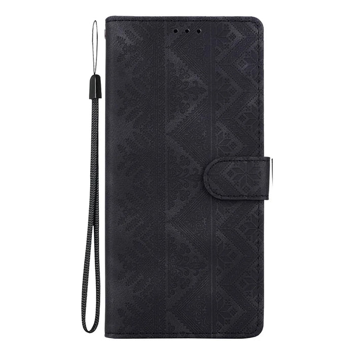 For iPhone 17 Wallet Case Imprinted Ethnic Pattern Leather Phone Cover with Wrist Strap - Black - 7
